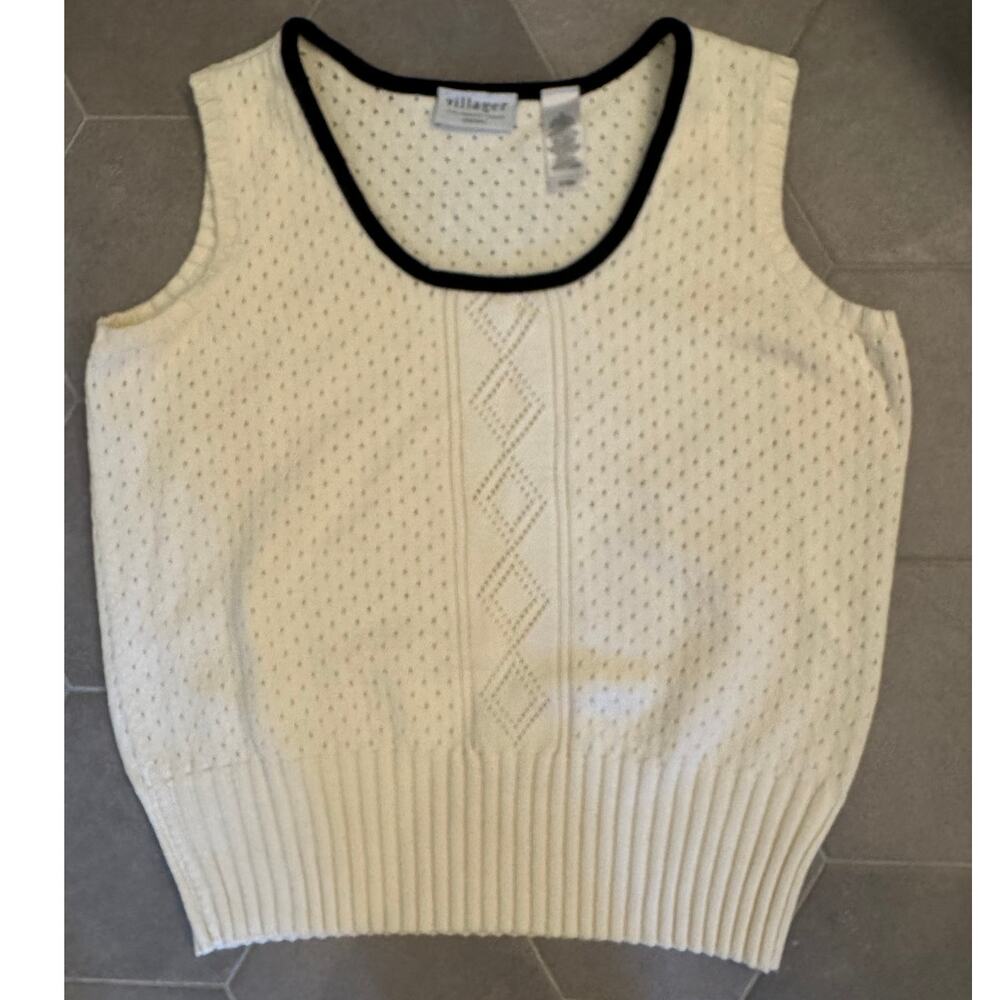 Villager 1X Ivory Knit Vest Black Velvet Trim Classic Preppy Pullover